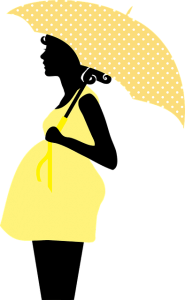 黄色いワンピースを着て傘を持つ横向きの妊婦のイラスト