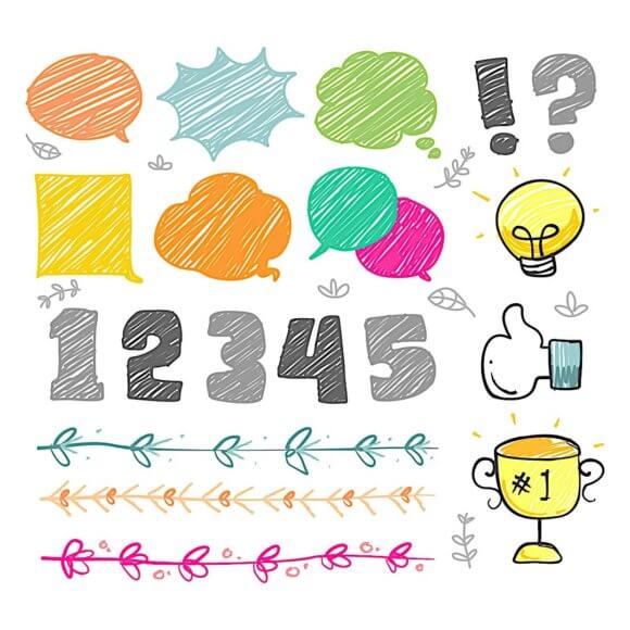 吹き出しと、1〜5電球といいねと、トロフィーが手描きで描かれた絵
