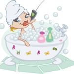 バスタブに浸かり携帯片手に入浴を楽しむ女性のイラスト