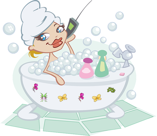 バスタブに浸かり携帯片手に入浴を楽しむ女性のイラスト